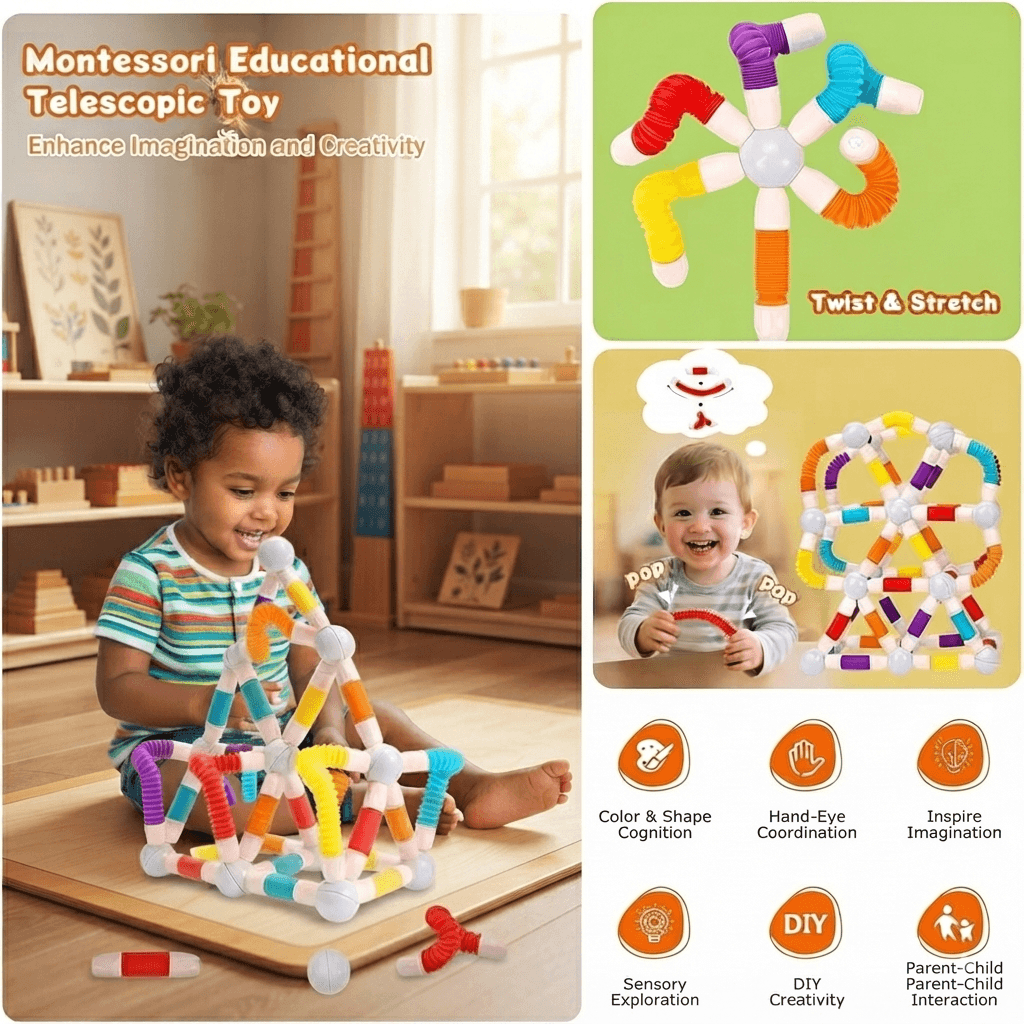 KIDSZONE 25-Piece Montessori STEM Magnetic Construction Set - 3D DIY Assembly Toy with Soft Flexible Tubes, Telescopic Sticks & Magnetic Connecting Balls for Kids.
