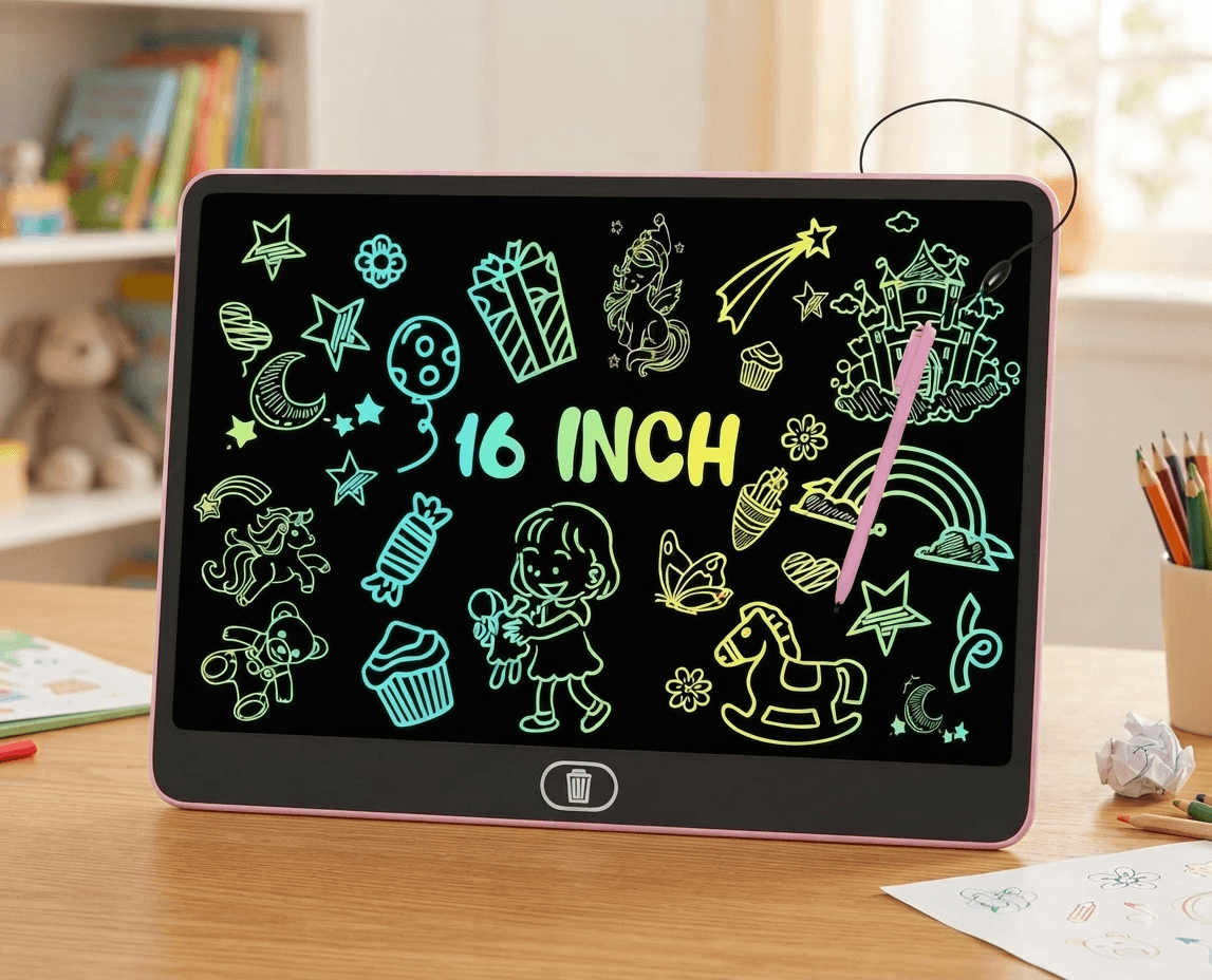 تابلت رسم وكتابة إل سي دي (LCD) ملون مقاس 16 بوصة للأطفال من "إلكتيت" (لون وردي) - لوحة ذكية لحماية العين وتنمية مهارات الرسم والكتابة لسن 3 إلى 8 سنوات.