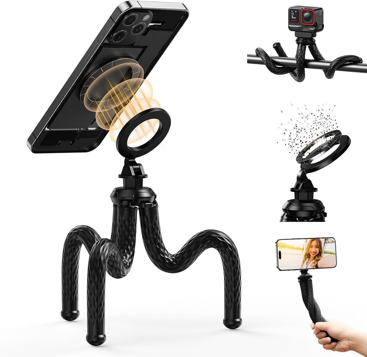 TELESIN Magnetic Flexible Phone Tripod & Selfie Stick, Bendable Mini Octopus Tripod Mount for MagSafe Phones, Bikes, Strollers & Treadmills.