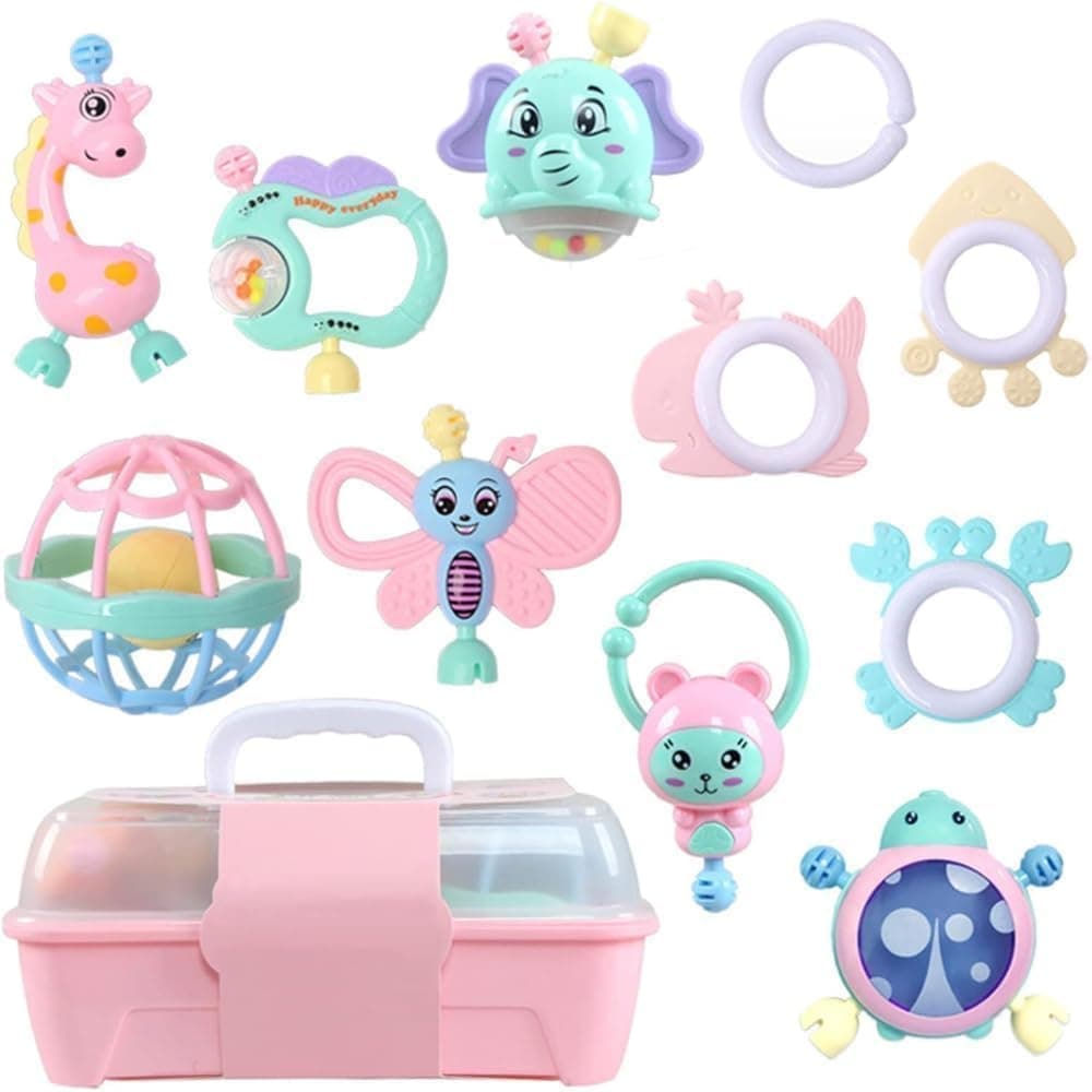 KIDSZONE 11PCS Baby Rattles and Teething Toys Set with Storage Case - Infant Sensory Developmental Grab Toys for Newborns Ages 0-12 Months (Pink)