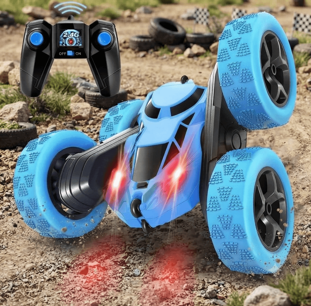 سيارة حركات بهلوانية بجهاز تحكم عن بعد من MidiVix - دفع رباعي 4WD، دوران 360° على الجانبين، كشافات إضاءة ووقت تشغيل 90 دقيقة للأطفال (+6) - لون أخضر