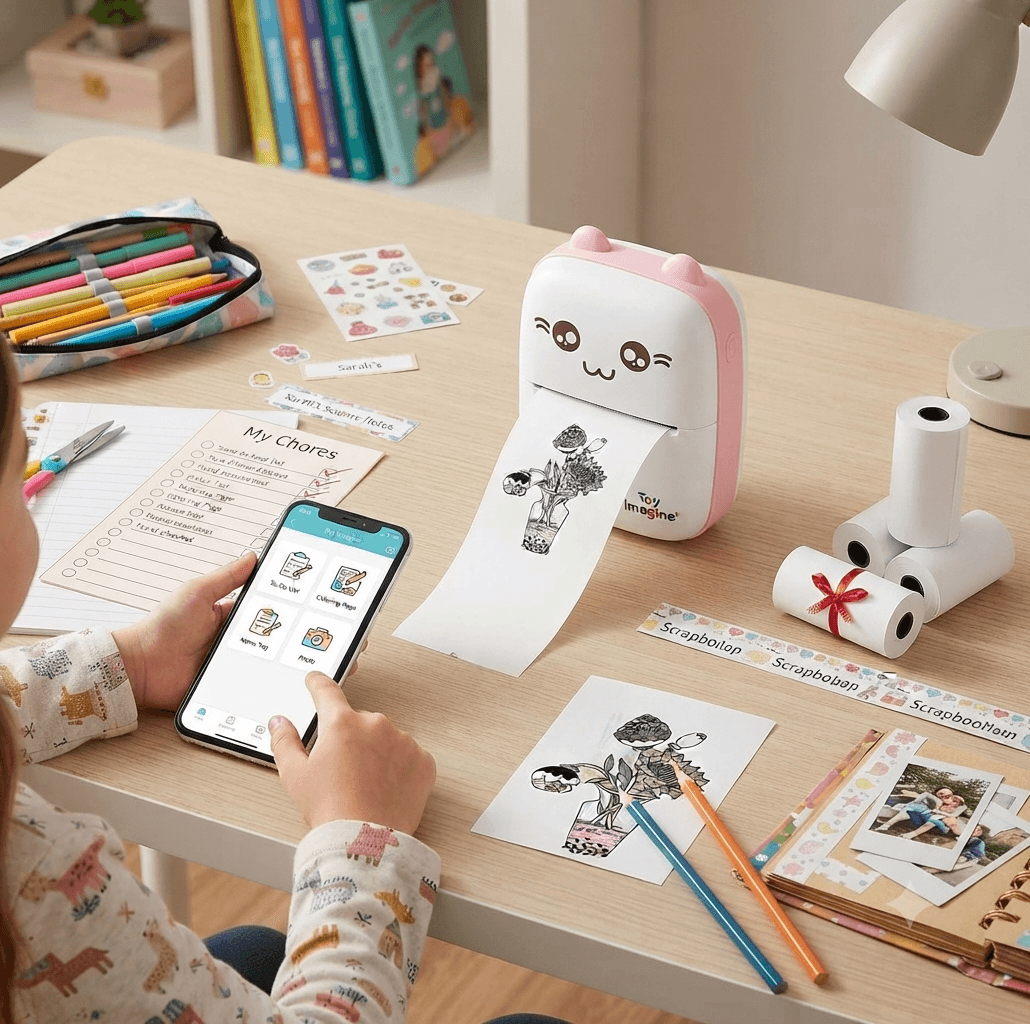 طابعة حرارية صغيرة محمولة للأطفال من Toy Imagine - طابعة ملصقات وملاحظات لاسلكية بالبلوتوث مقاس 57 مم بتصميم قطة لطيف - لون وردي