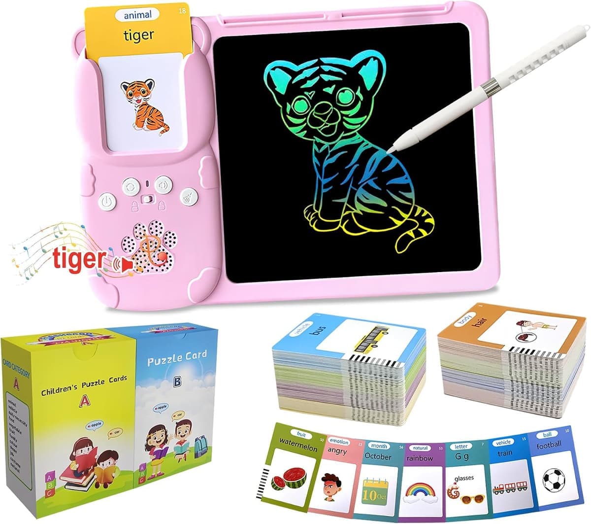 Rylai 2-in-1 Kids LCD Writing Tablet & Talking Flash Cards Toy - Drop Resistant Learning Toy with 510 Audible Sight Words - Pink
