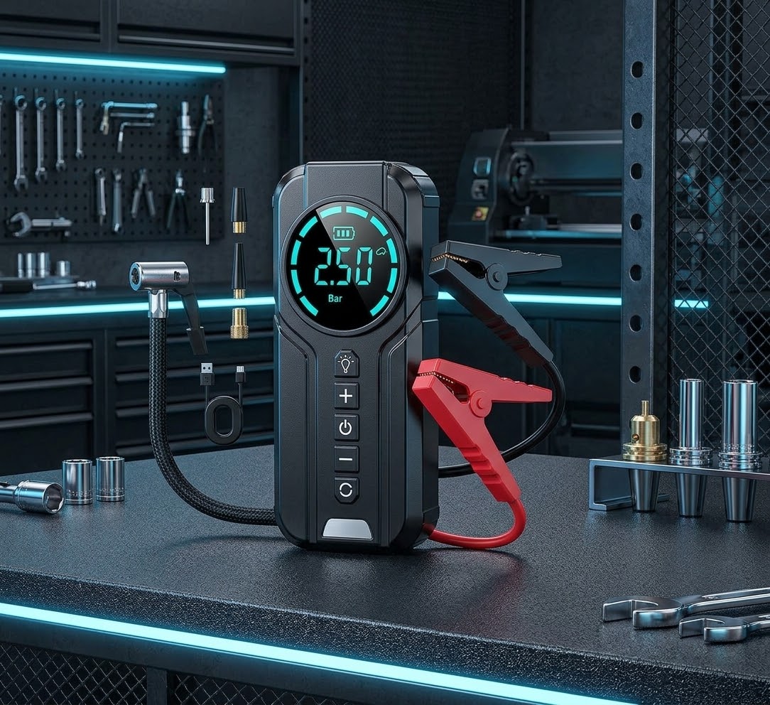 مشغل بطارية سيارة محمول 1000 أمبير مع منفاخ إطارات رقمي 150 PSI – جهاز طوارئ متعدد الوظائف مع كشاف LED وشاحن باور بنك