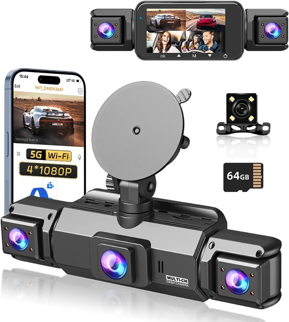 4-Channel 360° Car Dash Cam (Front, Rear & Sides) 1080P - 5G Wi-Fi & GPS Support with Night Vision & 24H Parking Monitoring (64GB Memory Card Included)