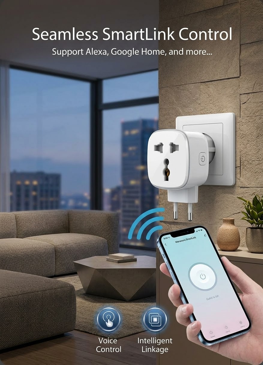 قابس إلكتروني ذكي لاسلكي WiFi بفيشة عالمية – مخرج محول عالمي للتحكم عن بعد بالهاتف والأوامر الصوتية للتحكم بالمنزل الذكي (موديل SCW1050 / SCW1058)